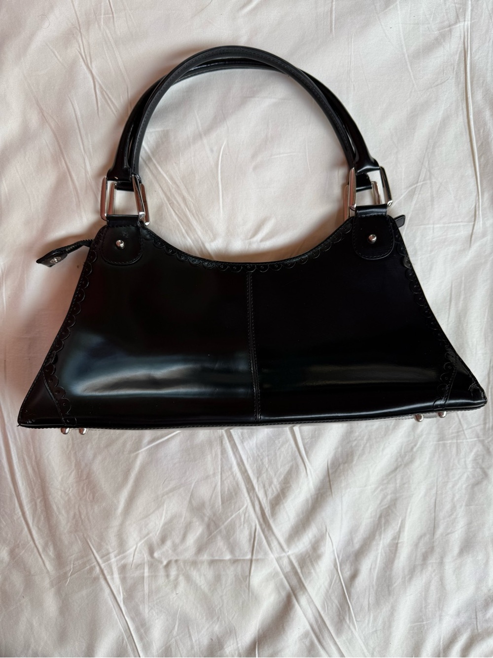 Black Patent Shoulder Bag with Silver Hardware